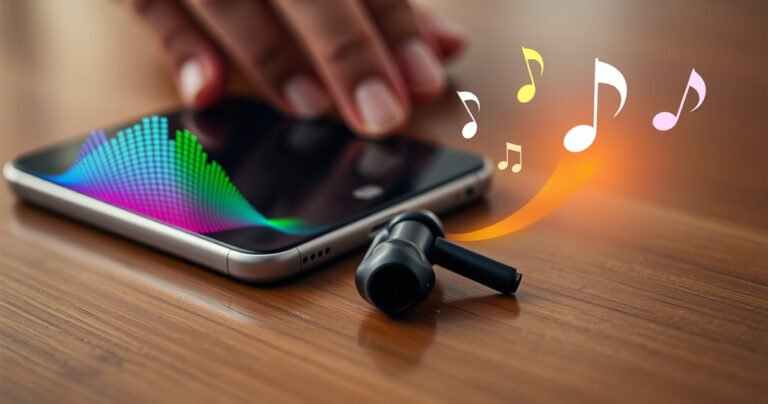 A close-up of sleek Soundcore earbuds resting on a wooden table, surrounded by a smartphone and colorful soundwave graphics. Soft ambient lighting highlights the earbuds' design, while a hand reaches towards the phone, ready to connect. Lively musical notes float in the air, symbolizing connectivity and vibrant sound.