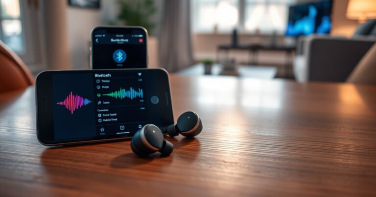 A close-up of sleek Soundcore earbuds resting on a polished wooden table, surrounded by soft glowing light. An iPhone displays a vibrant Bluetooth settings screen, with colorful sound waves emanating from the earbuds, symbolizing connection. In the background, a cozy, modern living space adds warmth and technology to the scene, inviting readers to explore.