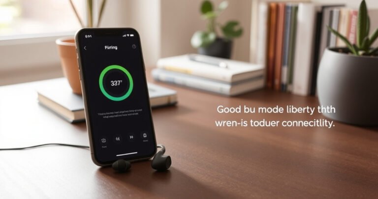 A minimalist workspace featuring Soundcore Liberty earbuds elegantly placed beside a smartphone displaying a vibrant pairing interface, soft natural light streaming through a nearby window, a cozy backdrop of books and plants, conveying a sense of calm and focus, inviting viewers into the world of seamless audio technology and user-friendly connectivity.