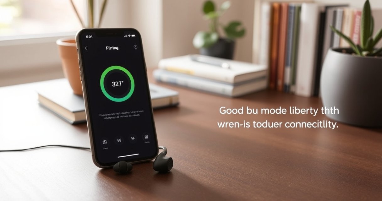 A minimalist workspace featuring Soundcore Liberty earbuds elegantly placed beside a smartphone displaying a vibrant pairing interface, soft natural light streaming through a nearby window, a cozy backdrop of books and plants, conveying a sense of calm and focus, inviting viewers into the world of seamless audio technology and user-friendly connectivity.