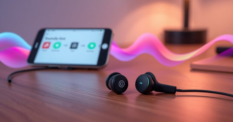 A close-up of elegantly designed Soundcore Life Note earbuds resting on a modern wooden desk, surrounded by vibrant sound waves visualized in colorful swirls. In the background, a smartphone displays an easy-to-follow pairing guide, with soft, ambient lighting creating a tech-savvy atmosphere that invites exploration and innovation.