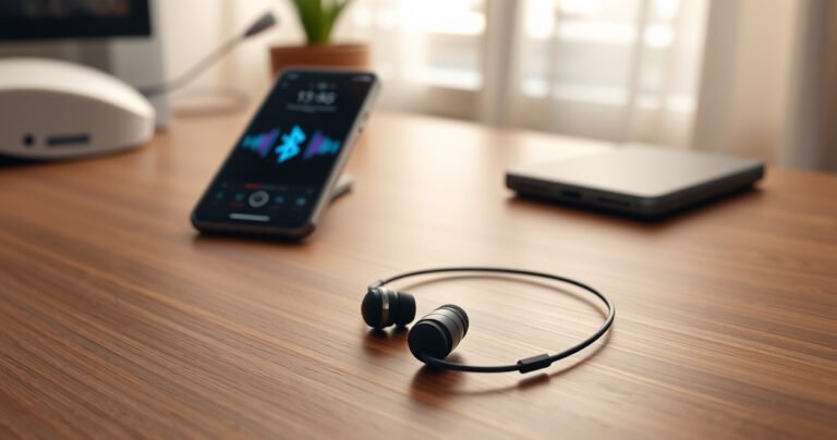 An elegant flat lay of Soundcore Life P2 earbuds on a sleek wooden desk, surrounded by a smartphone displaying a Bluetooth connection screen, vibrant soundwave graphics in the background, and soft natural light filtering through a nearby window, creating a cozy yet modern atmosphere that invites seamless technology integration.