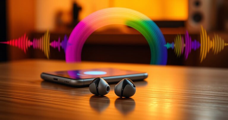 A close-up of sleek, modern TWS earbuds elegantly placed on a wooden table, surrounded by vibrant sound waves visually represented in colorful arcs. A smartphone displays a pairing screen, glowing softly in the background. Warm lighting enhances the scene, creating an inviting atmosphere that emphasizes technology and harmony in sound.