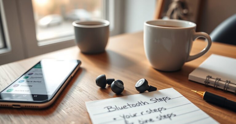 A close-up of a sleek pair of Thinkplus earbuds resting on a modern wooden desk, surrounded by a smartphone displaying Bluetooth settings, a cup of coffee steaming nearby, and a notepad with handwritten pairing steps. Soft morning light filters through a window, creating a warm and inviting atmosphere.