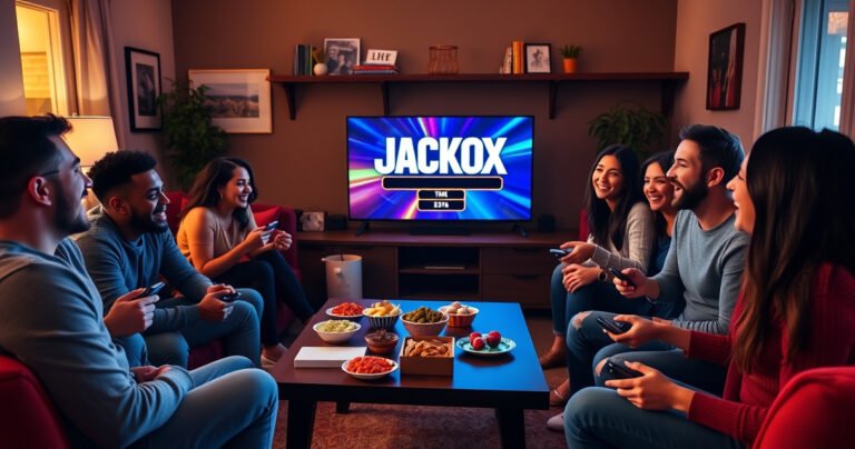 A cozy living room filled with laughter, a group of diverse friends gathered around a smart TV displaying a colorful Jackbox game screen, snacks scattered on a coffee table, warm ambient lighting, playful expressions on faces, game controllers in hand, and a lively atmosphere of fun and excitement as they prepare to start playing together.
