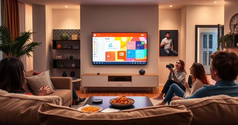 A modern living room featuring a sleek smart TV displaying a colorful PowerPoint presentation. A cozy couch with plush cushions, a coffee table with snacks, and soft ambient lighting create an inviting atmosphere. In the background, a family gathers, engaged and excited, with a stylish decor blending technology and comfort for an enjoyable viewing experience.