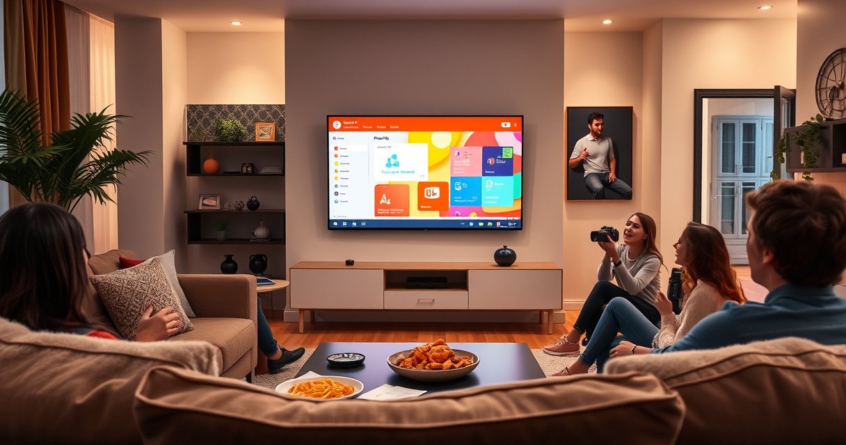 A modern living room featuring a sleek smart TV displaying a colorful PowerPoint presentation. A cozy couch with plush cushions, a coffee table with snacks, and soft ambient lighting create an inviting atmosphere. In the background, a family gathers, engaged and excited, with a stylish decor blending technology and comfort for an enjoyable viewing experience.