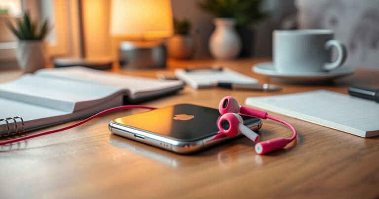 A close-up of a sleek iPhone with vibrant earphones beside it, one earbud elegantly plugged into the device. The background is a soft blur of modern workspace, featuring a cozy desk with a warm glow from a lamp, scattered notes, and a steaming cup of coffee, creating a tech-savvy and inviting atmosphere.