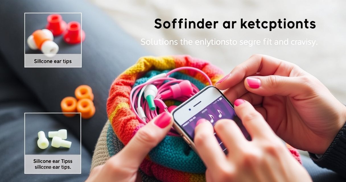 A close-up of colorful, stylish earphones nestled in a vibrant, textured fabric, surrounded by helpful items like silicone ear tips, a phone displaying a music app, and a pair of hands adjusting the earphones, all set against a soft, blurred background that suggests comfort and creativity, emphasizing solutions for secure fit and sound enjoyment.