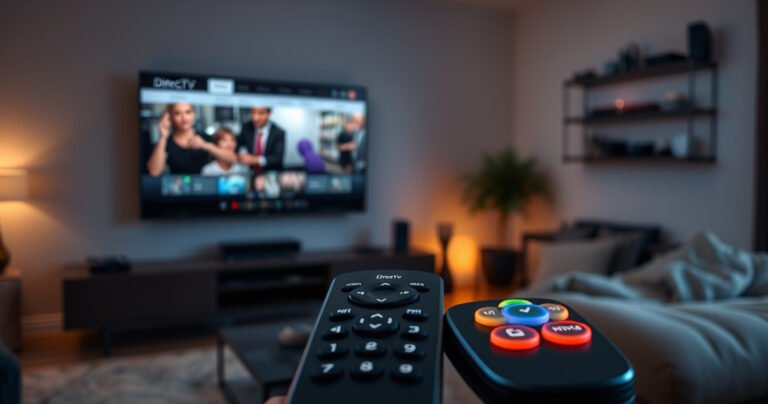 A sleek modern living room featuring a large flat-screen smart TV, a stylish DirecTV remote in the foreground, colorful buttons glowing softly, a cozy couch with plush cushions, subtle warm lighting creating an inviting atmosphere, and a wall-mounted shelf displaying tech gadgets, all emphasizing the seamless integration of technology and comfort in home entertainment.