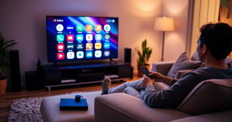 A modern living room featuring a sleek smart TV displaying colorful app icons. A person is sitting comfortably on a plush sofa, intently holding a remote, surrounded by tech gadgets. Soft ambient lighting highlights the room’s contemporary decor, with a cozy atmosphere enhanced by warm hues and a hint of plants in the background.