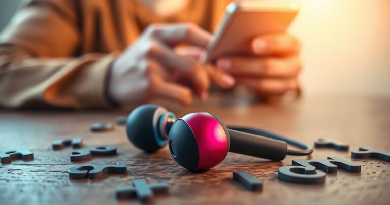 A close-up of a vibrant pair of earbuds resting on a wooden surface, surrounded by scattered letters and phonetic symbols. Soft, warm lighting highlights their sleek design, while a subtle blurred background features a person holding a smartphone, demonstrating the act of speaking clearly into the device.