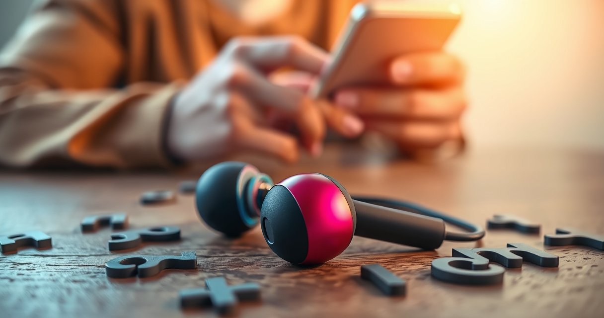 A close-up of a vibrant pair of earbuds resting on a wooden surface, surrounded by scattered letters and phonetic symbols. Soft, warm lighting highlights their sleek design, while a subtle blurred background features a person holding a smartphone, demonstrating the act of speaking clearly into the device.