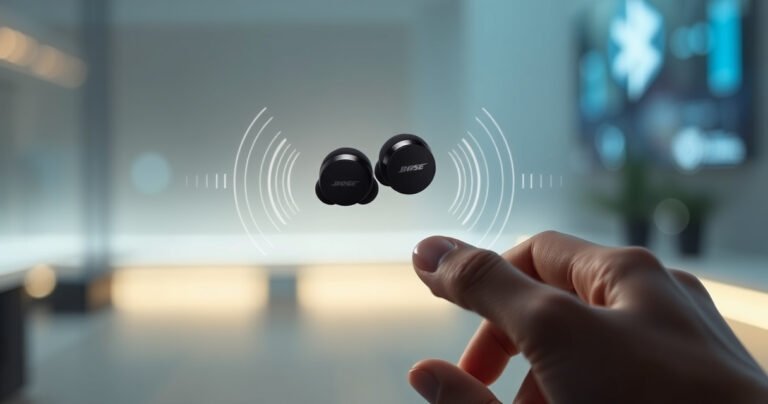 A sleek pair of Bose QuietComfort earbuds glowing softly in a modern, minimalist setting, surrounded by gentle wisps of sound waves. The background features a blurred tech-inspired environment, with hints of connectivity symbols like Bluetooth icons. A hand reaches towards the earbuds, poised to activate pairing mode, evoking a sense of seamless connectivity and innovation.