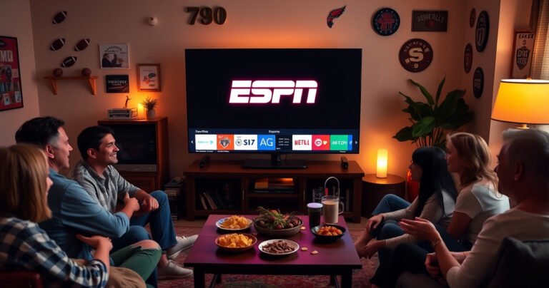 A cozy living room with a sleek LG Smart TV displaying the ESPN app, surrounded by excited family members, snacks scattered on a coffee table, warm ambient lighting, and sports memorabilia on the walls, creating an inviting atmosphere for game day gatherings, with a focus on the vibrant ESPN logo glowing on the screen.