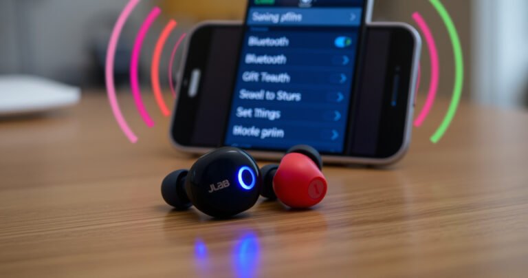 A close-up of vibrant JLab earbuds resting on a sleek wooden table, glowing softly with an inviting blue LED light, surrounded by colorful sound waves radiating outward, symbolizing connectivity. In the background, an open smartphone screen displays a Bluetooth settings menu, showcasing the pairing process in action, evoking a sense of modern technology and ease.