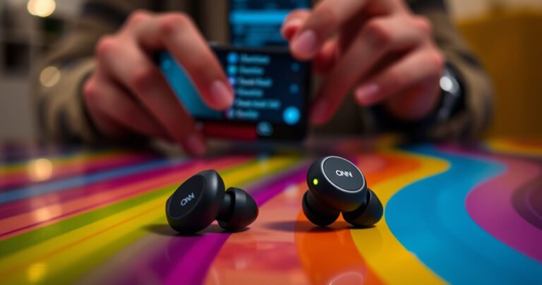 A close-up of sleek ONN earbuds resting on a vibrant, colorful surface, with glowing LED indicators signaling pairing mode. In the background, blurred hands expertly navigating a modern smartphone's Bluetooth settings. A sense of technology and connectivity is emphasized, with soft lighting highlighting the earbuds' design and creating an inviting atmosphere for tech enthusiasts.