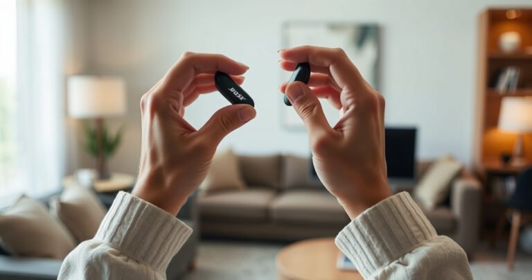 A close-up of hands elegantly placing sleek Bose earphones over a pair of ears, surrounded by soft, ambient light. The background features a cozy living room with plush furniture and a hint of modern technology, conveying a sense of comfort and connection. The focus on the earphones highlights their design and premium quality.