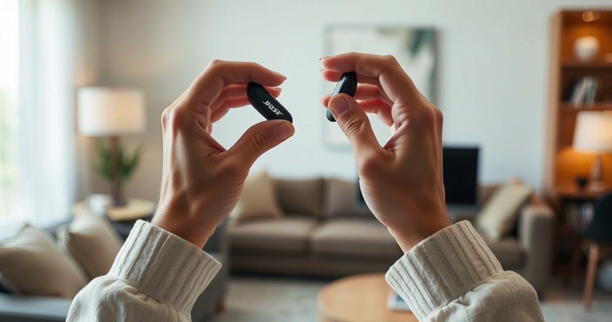 A close-up of hands elegantly placing sleek Bose earphones over a pair of ears, surrounded by soft, ambient light. The background features a cozy living room with plush furniture and a hint of modern technology, conveying a sense of comfort and connection. The focus on the earphones highlights their design and premium quality.