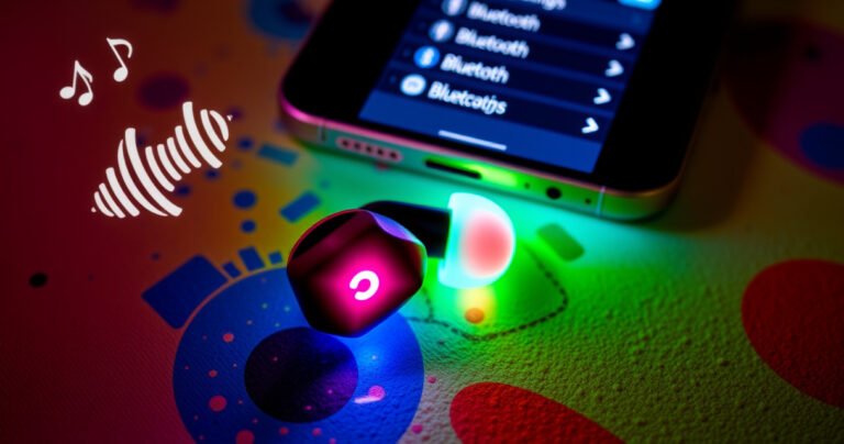 A close-up of vibrant Skullcandy earbuds resting on a colorful, textured surface, surrounded by playful sound wave graphics. The earbuds glow softly, with one earbud partially lifted, showcasing its sleek design. A subtle hint of a smartphone screen in the background displays Bluetooth settings, illuminating the scene with a modern, tech-savvy vibe.
