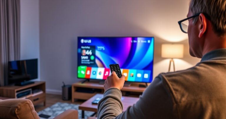 A stylish living room featuring a modern LG Smart TV displaying a vibrant home screen, a user holding a remote control with a focused expression, soft ambient lighting illuminating the space, cozy furniture, and hints of tech gadgets subtly arranged around, evoking a sense of comfort and readiness for troubleshooting.
