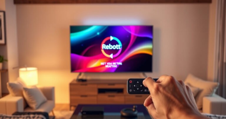 A sleek LG Smart TV displaying a vibrant, animated reboot screen, surrounded by a cozy living room setting. Soft, warm lighting illuminates a stylish couch and a few modern gadgets. A hand gently presses a remote button, symbolizing the ease of resetting technology, with hints of digital connections and futuristic icons in the background.