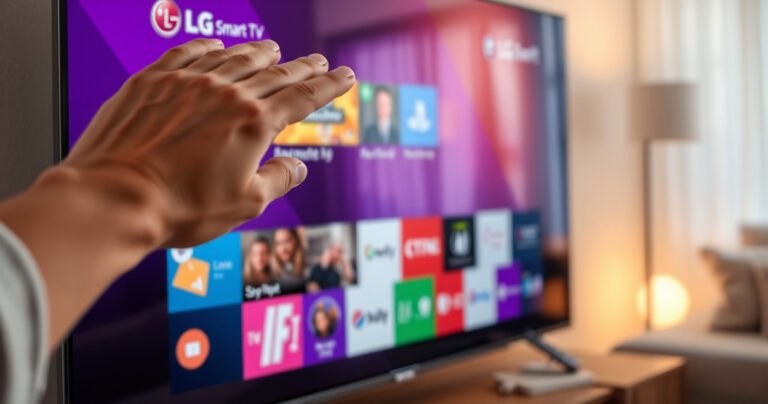 A close-up of an LG Smart TV screen displaying a vibrant, colorful interface with various app icons, while a hand gestures towards the screen, symbolizing the removal process. Soft ambient lighting in a cozy living room setting enhances the modern technology vibe, with a sleek remote nearby, conveying a sense of user-friendly interaction.