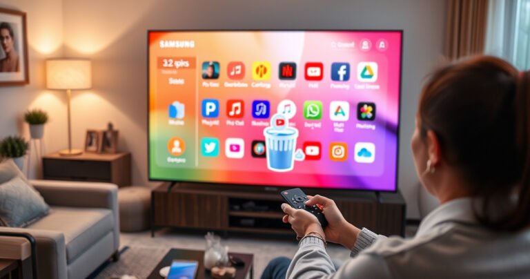 An open Samsung Smart TV interface showcasing various app icons being dragged into a digital recycling bin, with a colorful living room backdrop. A person, focused and engaged, navigates the screen using a sleek remote, surrounded by cozy furniture, soft lighting, and modern decor, illustrating a seamless tech experience in a contemporary home setting.