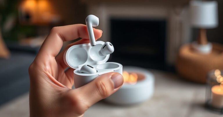 A close-up of a hand gracefully removing a sleek, white earbud from an AirPods Pro 2 case, surrounded by a soft, blurred background of a cozy home setting. The focus is on the intricate design of the earbud and case, highlighting the elegance of modern technology in a warm, inviting atmosphere.