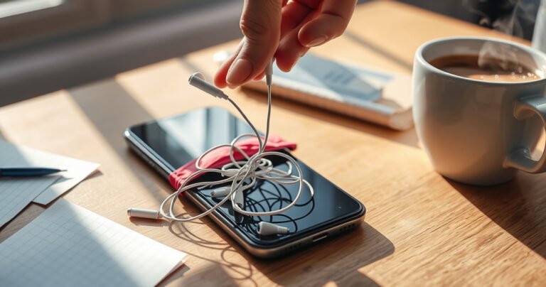 A close-up of a modern smartphone on a wooden table, with tangled earphone wires spilling out of a vibrant pouch. Sunlight filters through a window, casting soft shadows, while a hand gently pulls the earphones from the phone's jack, surrounded by scattered notes and a steaming cup of coffee.