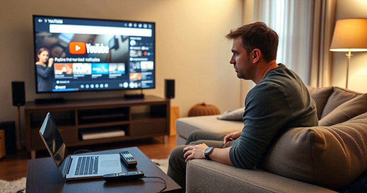 A frustrated person sitting on a cozy sofa in a modern living room, staring at a large smart TV displaying the YouTube interface. The room is softly lit, with a coffee table cluttered with remote controls and a laptop, showcasing a mix of confusion and determination on their face as they navigate the challenge.