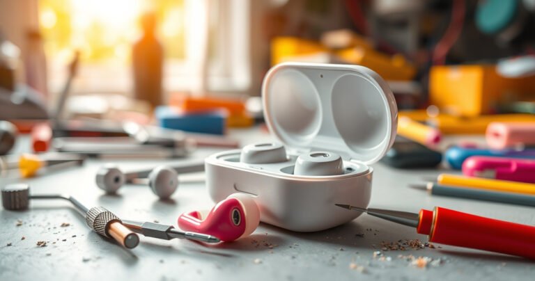 A close-up view of a disassembled earbuds charging case, surrounded by tiny tools like tweezers and a screwdriver, with vibrant, colorful earbuds resting nearby. The background features a bright, cluttered workbench, illuminated by soft daylight, emphasizing a tech-savvy atmosphere of DIY repair and creativity, inviting readers to explore the art of fixing gadgets.