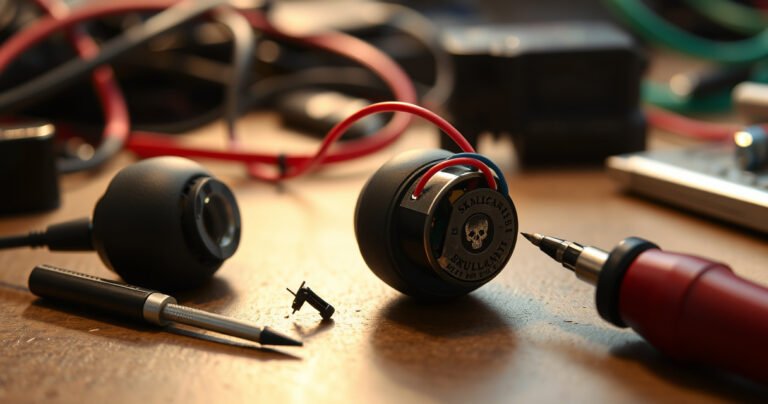 A close-up of a pair of disassembled Skullcandy earphones, colorful wires exposed, tools like a tiny screwdriver and soldering iron nearby, a soft glow illuminating the intricate details of the components, a faint background of a workbench cluttered with cables and tech gadgets, evoking a sense of DIY creativity and repair.