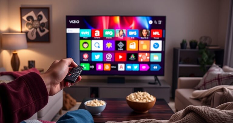 A sleek Vizio Smart TV displaying a vibrant, colorful app interface with various icons, set in a cozy living room with soft lighting. A user's hand hovers over the remote, ready to press a button, surrounded by a modern sofa, cozy blankets, and a cup of popcorn on a coffee table, evoking a sense of comfort and technology.