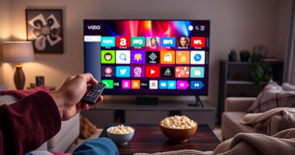 A sleek Vizio Smart TV displaying a vibrant, colorful app interface with various icons, set in a cozy living room with soft lighting. A user's hand hovers over the remote, ready to press a button, surrounded by a modern sofa, cozy blankets, and a cup of popcorn on a coffee table, evoking a sense of comfort and technology.