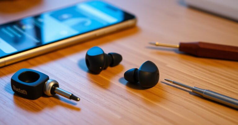 A close-up of sleek, modern Bluetooth earbuds resting on a wooden table, surrounded by glowing, soft blue light. Nearby, a smartphone displays troubleshooting steps on its screen. Tools like a tiny screwdriver and a cleaning brush are artfully placed, hinting at a tech-savvy DIY atmosphere with a calming, minimalistic background.