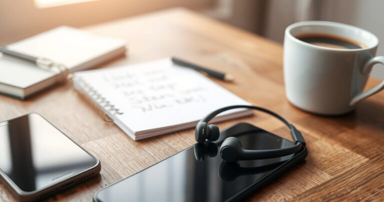 A close-up of a pair of sleek, modern Bluetooth earphones resting on a wooden table, surrounded by a smartphone, a notepad with handwritten steps, and a steaming cup of coffee. Soft morning light filters through a nearby window, creating a warm and inviting atmosphere that suggests productivity and simplicity.