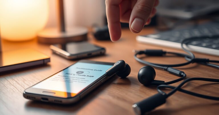 A close-up of a pair of sleek, modern Bluetooth earphones resting on a wooden desk, surrounded by a smartphone displaying a troubleshooting guide. In the background, soft ambient lighting creates a calming atmosphere, while a hand reaches towards the earphones, symbolizing a step-by-step fix. Subtle tech gadgets and cables are artfully arranged nearby.
