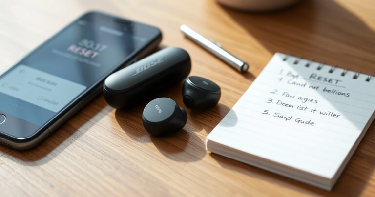 A close-up of sleek Bose QC Earbuds 2 resting on a minimalist wooden table, surrounded by helpful tech tools like a smartphone displaying a reset guide, a small screwdriver, and a notepad with handwritten steps, all illuminated by soft, natural light, conveying a sense of calm and focused troubleshooting.