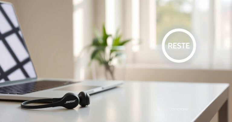 A serene workspace featuring a sleek pair of Bose QC Ultra Earbuds resting on a minimalist desk alongside a laptop, with soft natural light filtering through a window, and a gentle plant in the background, evoking a sense of calmness and focus, while a subtle reset button graphic hovers in the air, symbolizing renewal.