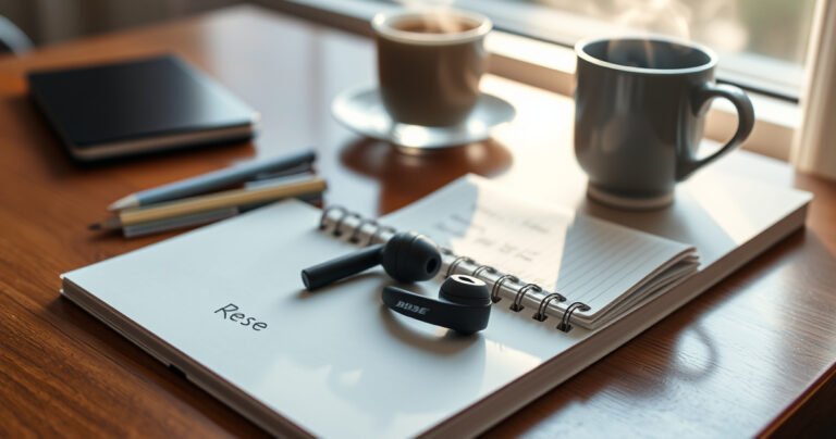 A serene workspace featuring a pair of sleek Bose QuietComfort earbuds resting on a polished wooden desk, surrounded by a notepad with handwritten instructions, a steaming cup of coffee, and soft, natural light streaming through a window, creating an inviting atmosphere for tech enthusiasts eager to troubleshoot and reset their devices.