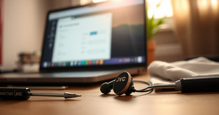 A close-up of sleek JVC earbuds resting on a wooden table, surrounded by small tools like a screwdriver and a cotton cloth. Soft light filters through a nearby window, creating a warm ambiance. In the background, a blurred laptop screen displaying connection settings, symbolizing technology and troubleshooting, while vibrant greenery peeks through the window.
