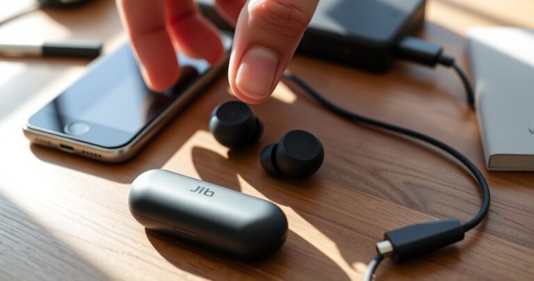 A close-up of sleek Jib True earbuds resting on a minimalist wooden table, surrounded by tech tools like a smartphone and a charging cable. Soft, natural light illuminates the scene, highlighting the earbuds' modern design, while a hand gently gestures towards them, symbolizing the guide's step-by-step process.