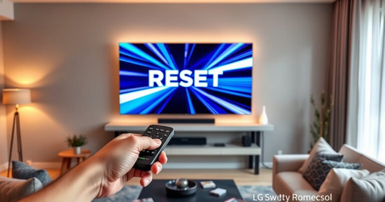 A sleek LG Smart TV on a modern living room wall, displaying a vibrant reset screen with bold blue and white graphics. In the foreground, a hand gently presses a remote control button, surrounded by cozy furniture, warm lighting, and subtle tech gadgets, creating an inviting atmosphere for tech-savvy homeowners.