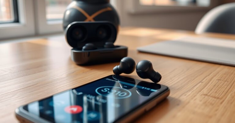 A close-up of sleek ONN wireless earbuds resting on a modern, wooden table, surrounded by a smartphone displaying a user-friendly interface. Soft, natural light filters through a nearby window, highlighting the earbuds' glossy finish and the inviting atmosphere of a cozy, minimalist workspace, suggesting ease and simplicity in tech usage.