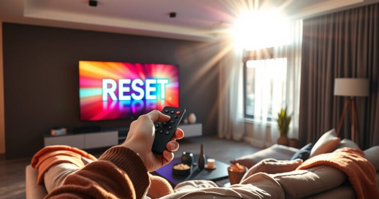 A sleek modern living room with a large, glowing smart TV displaying a vibrant reset screen. A hand holding a remote control hovers excitedly above a plush sofa, surrounded by cozy blankets and snacks. Sunlight streams through a window, illuminating the scene and creating a warm, inviting atmosphere perfect for a tech-savvy audience.