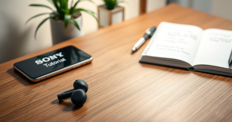 An elegant workspace showcasing a pair of sleek Sony earbuds on a wooden desk, surrounded by a smartphone displaying a tutorial, soft ambient light illuminating the scene, fresh green plants in the background, and a notepad with handwritten notes, reflecting a calm and organized atmosphere, inviting readers to dive into the step-by-step guide.