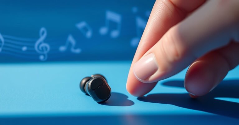 A close-up of sleek Sony WF-XB700 earbuds resting on a vibrant blue surface, surrounded by hints of soft light. The earbuds display intricate design details, while a pair of hands gently points to a button on one, symbolizing the concept of resetting. In the background, blurred musical notes and sound waves create an energetic atmosphere.