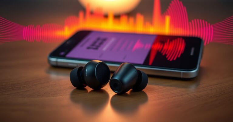 A close-up of sleek Soundcore earbuds resting on a wooden table, surrounded by vibrant sound waves visualized in colorful arcs. Soft ambient lighting highlights the earbuds’ glossy finish, while an open smartphone displaying a reset guide is partially visible in the background, capturing a modern tech vibe.