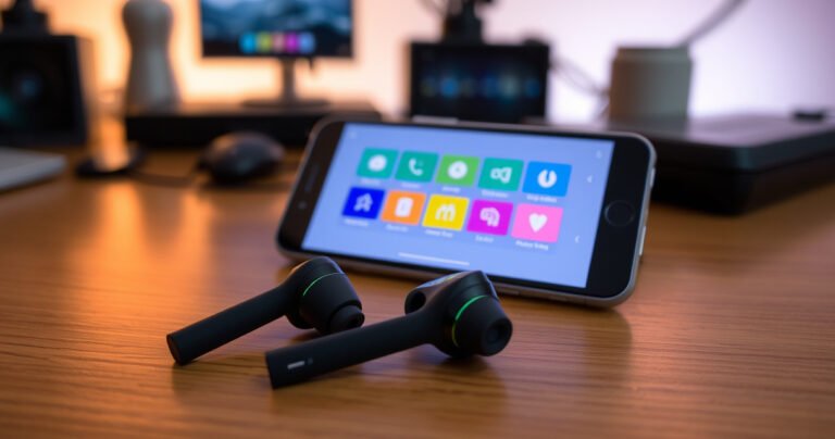 A close-up of sleek, modern TWS V5.1 earbuds resting on a wooden table, surrounded by a soft glow of ambient light. A smartphone displays a step-by-step guide, with vibrant icons illustrating the reset process. In the background, blurred tech gadgets create a contemporary workspace vibe, emphasizing innovation and simplicity.